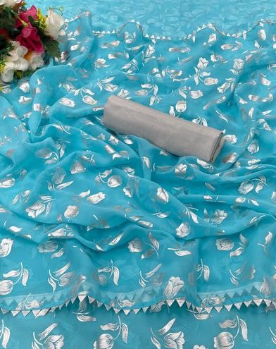 Pure Georgette Rose Foil Printed Saree With Satin Silk Un-stitched Silver Blouse