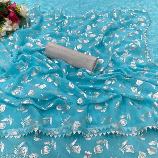 Pure Georgette Rose Foil Printed Saree With Satin Silk Un-stitched Silver Blouse - amamestyle