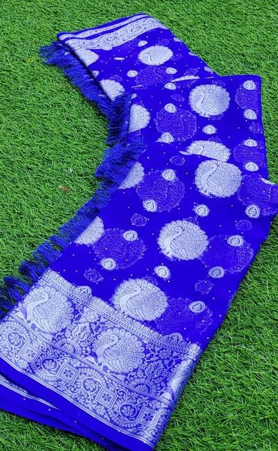 Trendy Georgette Fabric Zari Weaving Saree with Svorkshi Work and Tassels and Latkan 