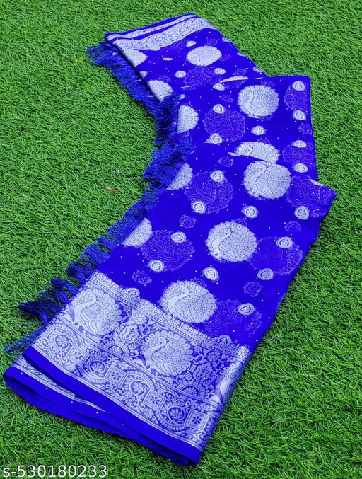 Trendy Georgette Fabric Zari Weaving Saree with Svorkshi Work and Tassels and Latkan  - amamestyle