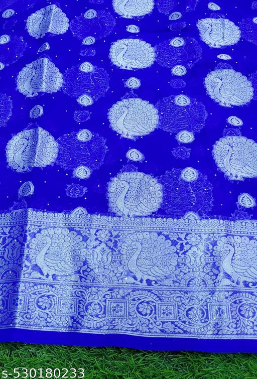 Trendy Georgette Fabric Zari Weaving Saree with Svorkshi Work and Tassels and Latkan  - amamestyle