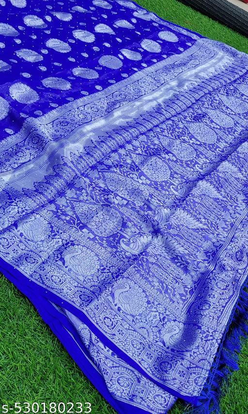 Trendy Georgette Fabric Zari Weaving Saree with Svorkshi Work and Tassels and Latkan  - amamestyle