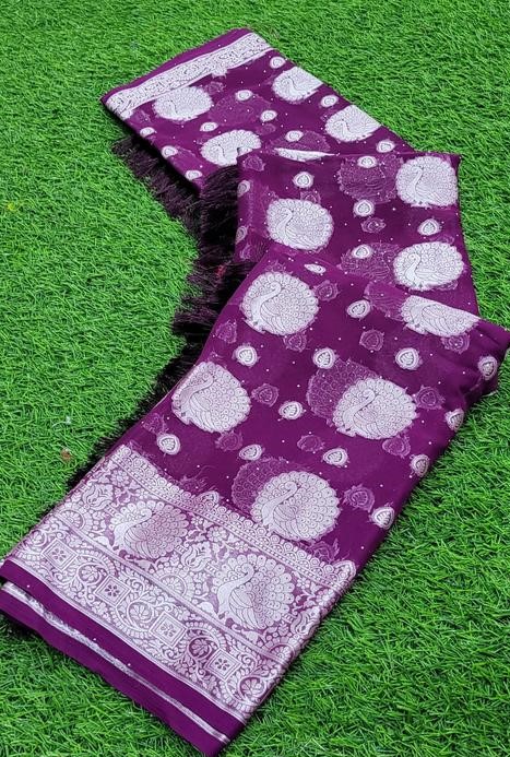 Trendy Georgette Fabric Zari Weaving Saree with Svorkshi Work and Tassels and Latkan 