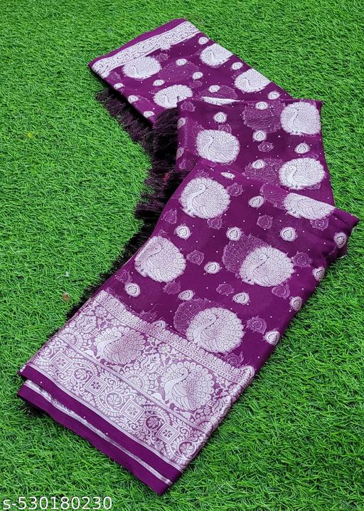 Trendy Georgette Fabric Zari Weaving Saree with Svorkshi Work and Tassels and Latkan  - amamestyle