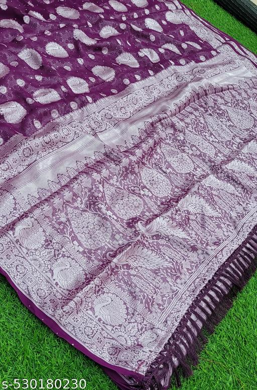 Trendy Georgette Fabric Zari Weaving Saree with Svorkshi Work and Tassels and Latkan  - amamestyle