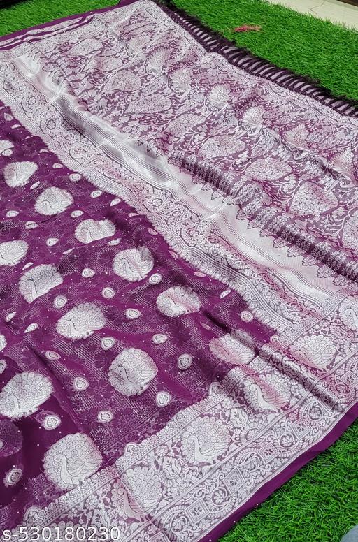 Trendy Georgette Fabric Zari Weaving Saree with Svorkshi Work and Tassels and Latkan  - amamestyle