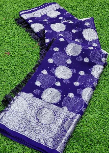 Trendy Georgette Fabric Zari Weaving Saree with Svorkshi Work and Tassels and Latkan 