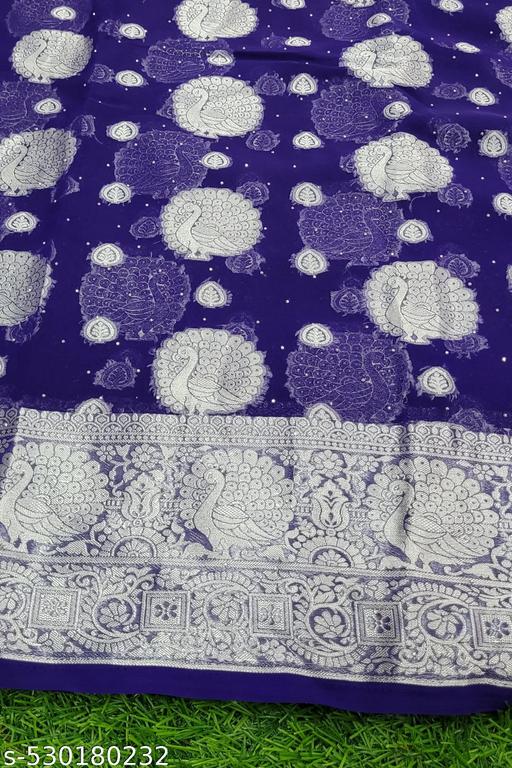 Trendy Georgette Fabric Zari Weaving Saree with Svorkshi Work and Tassels and Latkan  - amamestyle