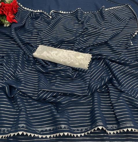 Party Wear Fancy Georgette Silver lines Saree With Silver Matty Blouse