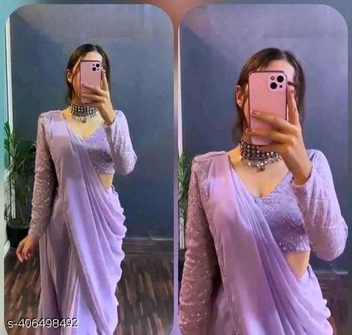 Violate Embroidery & Embellished Saree with Blouse Piece & Belt. - amamestyle