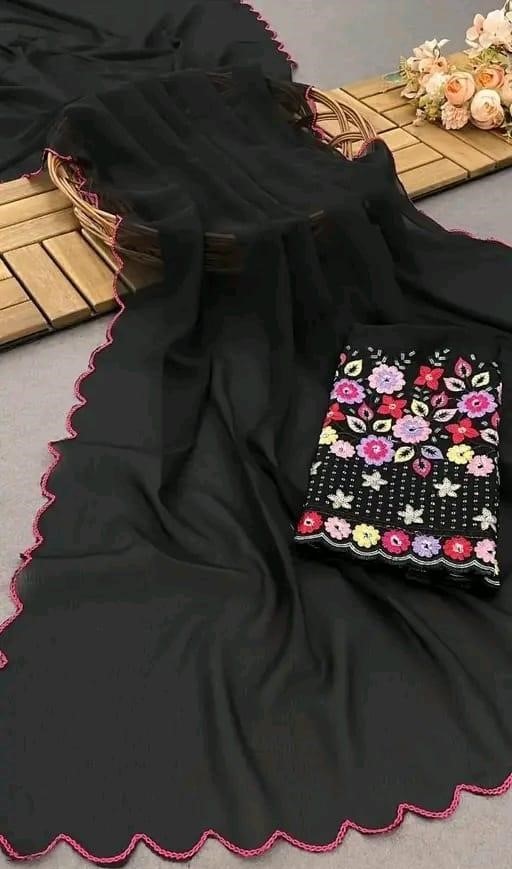 Pure Georgette Arco Border Saree With Sequence And embroidered Blouse