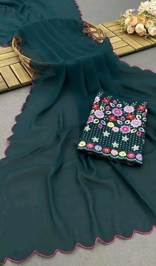 Pure Georgette Arco Border Saree With Sequence And embroidered Blouse