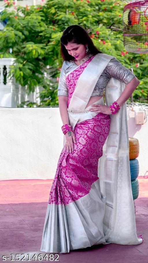 Ready to Wear Jacquard Pink Tassels and Latkans Saree With Blouse - amamestyle