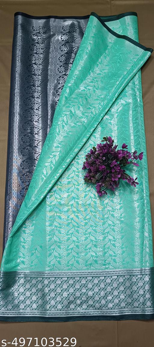 BANARASI SILK SAREE ,SILVER SAREE (BANARSI SILK SAREEE CONTRAST PALLU & BLOUSE COLOUR Ocean Green - amamestyle