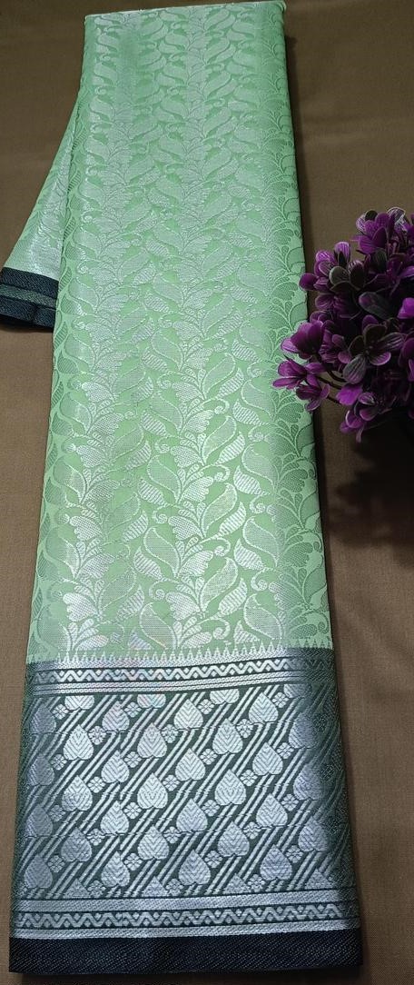 BANARASI SILK SAREE ,SILVER SAREE (BANARSI SILK SAREEE CONTRAST PALLU & BLOUSE  PISTA GREENCOLOUR