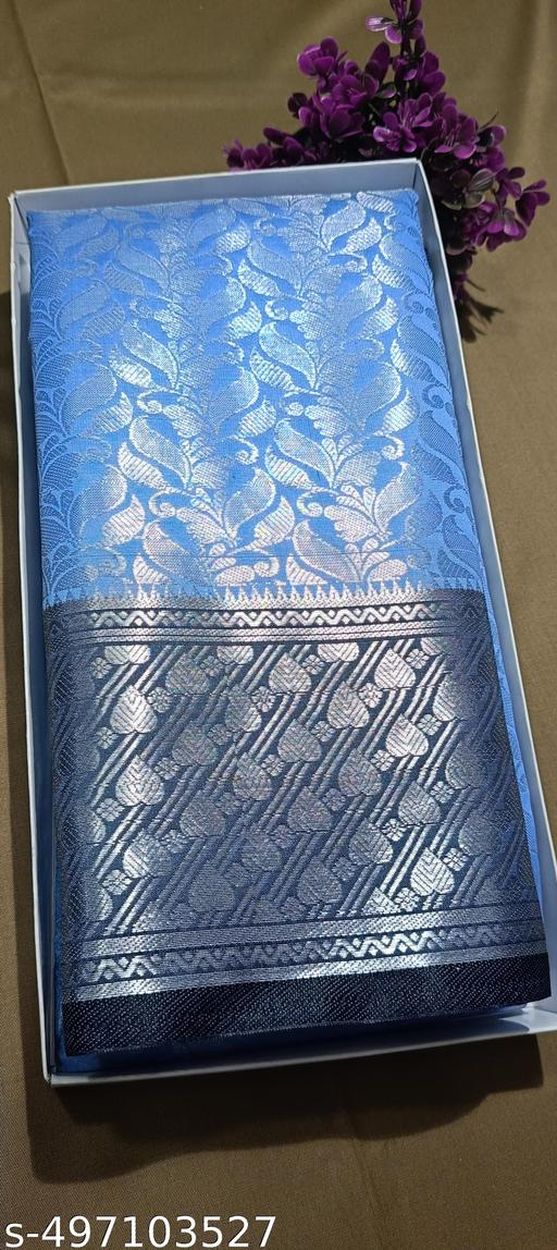 BANARASI SILK SAREE ,SILVER SAREE (BANARSI SILK SAREEE CONTRAST PALLU & BLOUSE AQUA BLUE  COLOUR - amamestyle