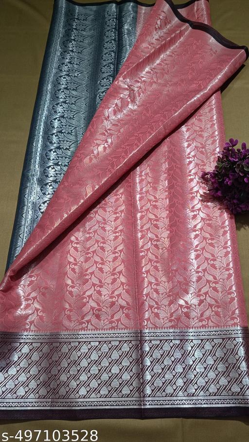 BANARASI SILK SAREE ,SILVER SAREE (BANARSI SILK SAREEE CONTRAST PALLU & BLOUSE PEACHCOLOUR - amamestyle