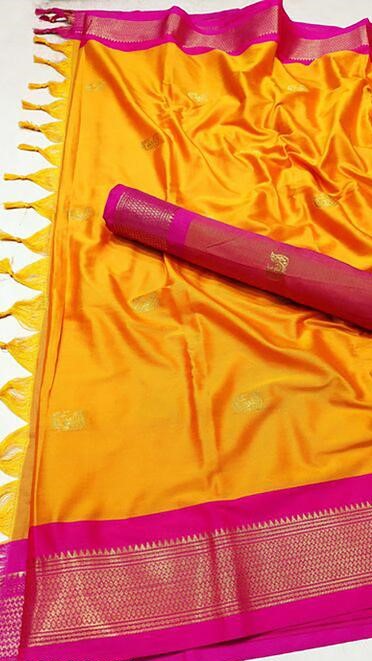 Yeola Traditional Paithani Silk Sarees With Contrast Blouse Piece ( Mango & Pink )