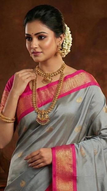 Yeola Traditional Paithani Silk Sarees With Contrast Blouse Piece ( Grey & Rani )