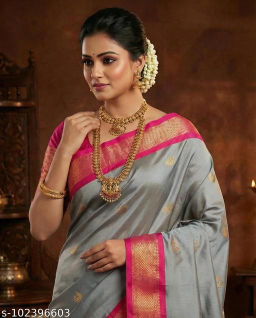 Yeola Traditional Paithani Silk Sarees With Contrast Blouse Piece ( Grey & Rani ) - amamestyle