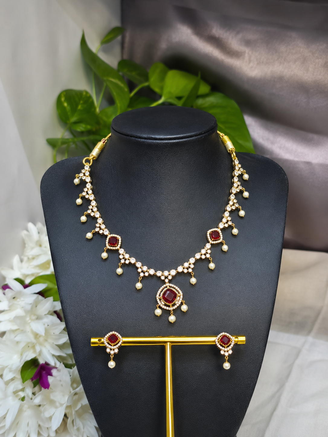 Ruby Dewdrop Necklace Set - Astra by Ash 