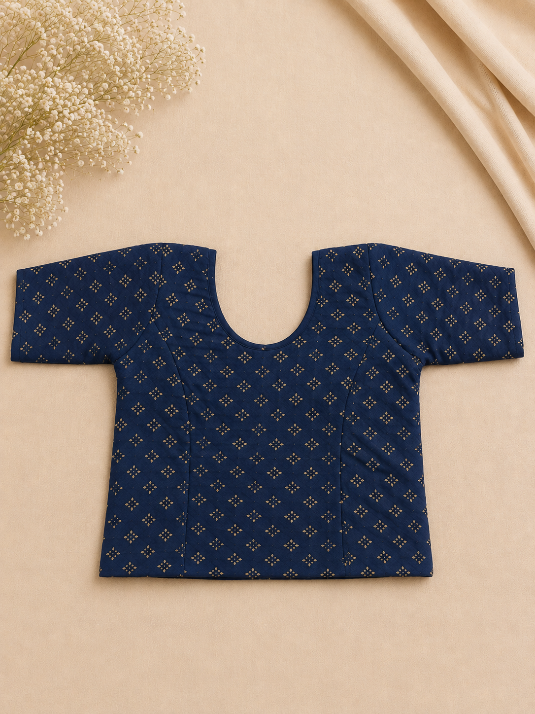 Navy Blue Gold Floral Stretchable Blouse
