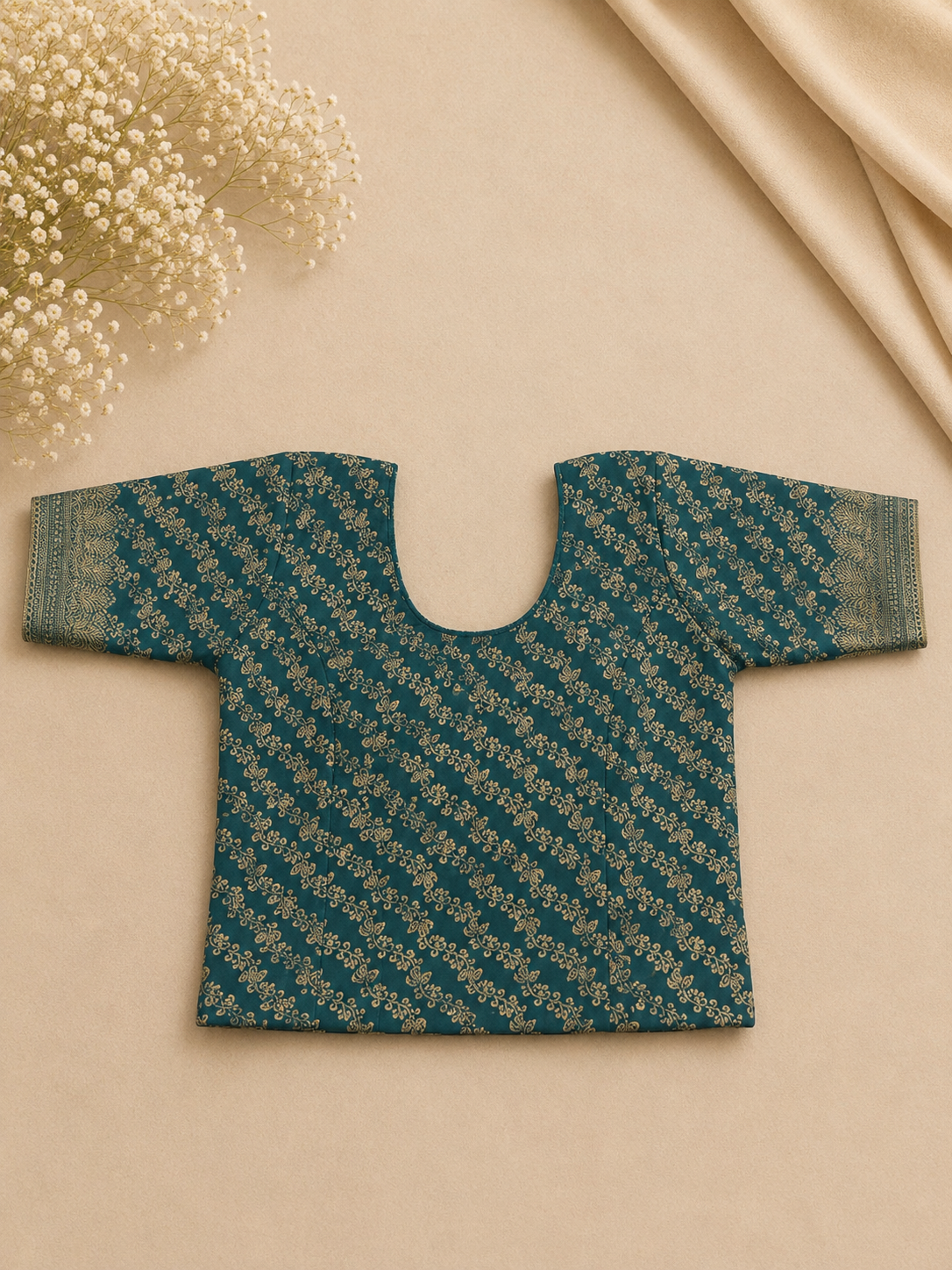 Teal Gold Floral Stretchable Blouse