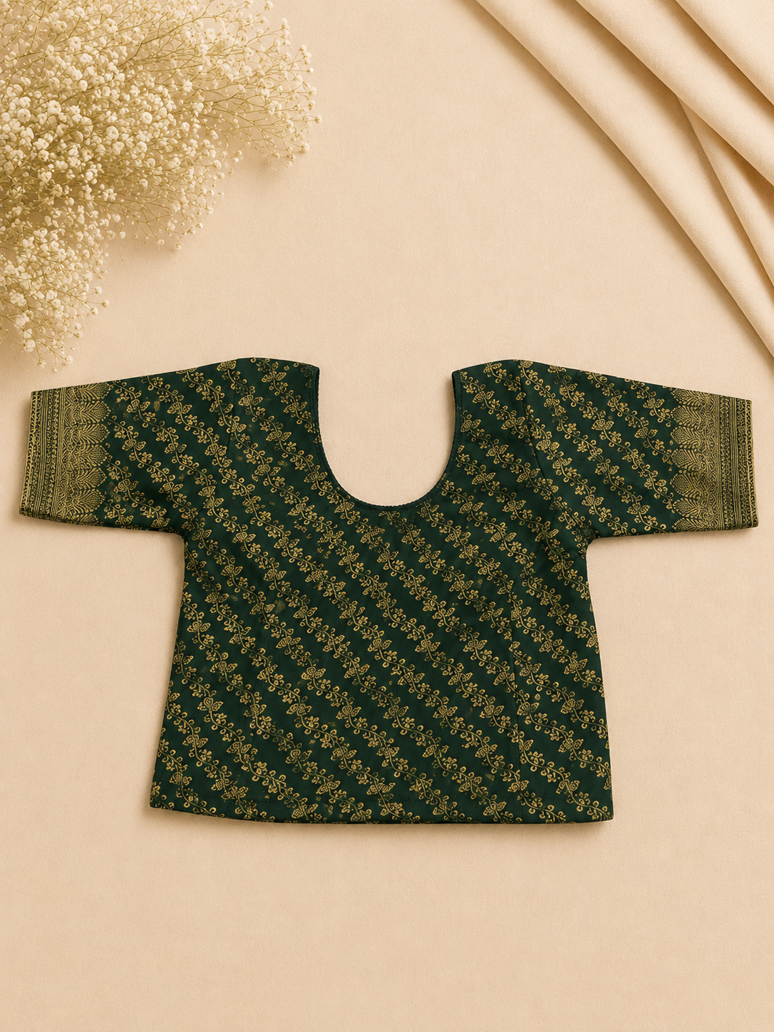 Bottle Green Gold Floral Stretchable Blouse