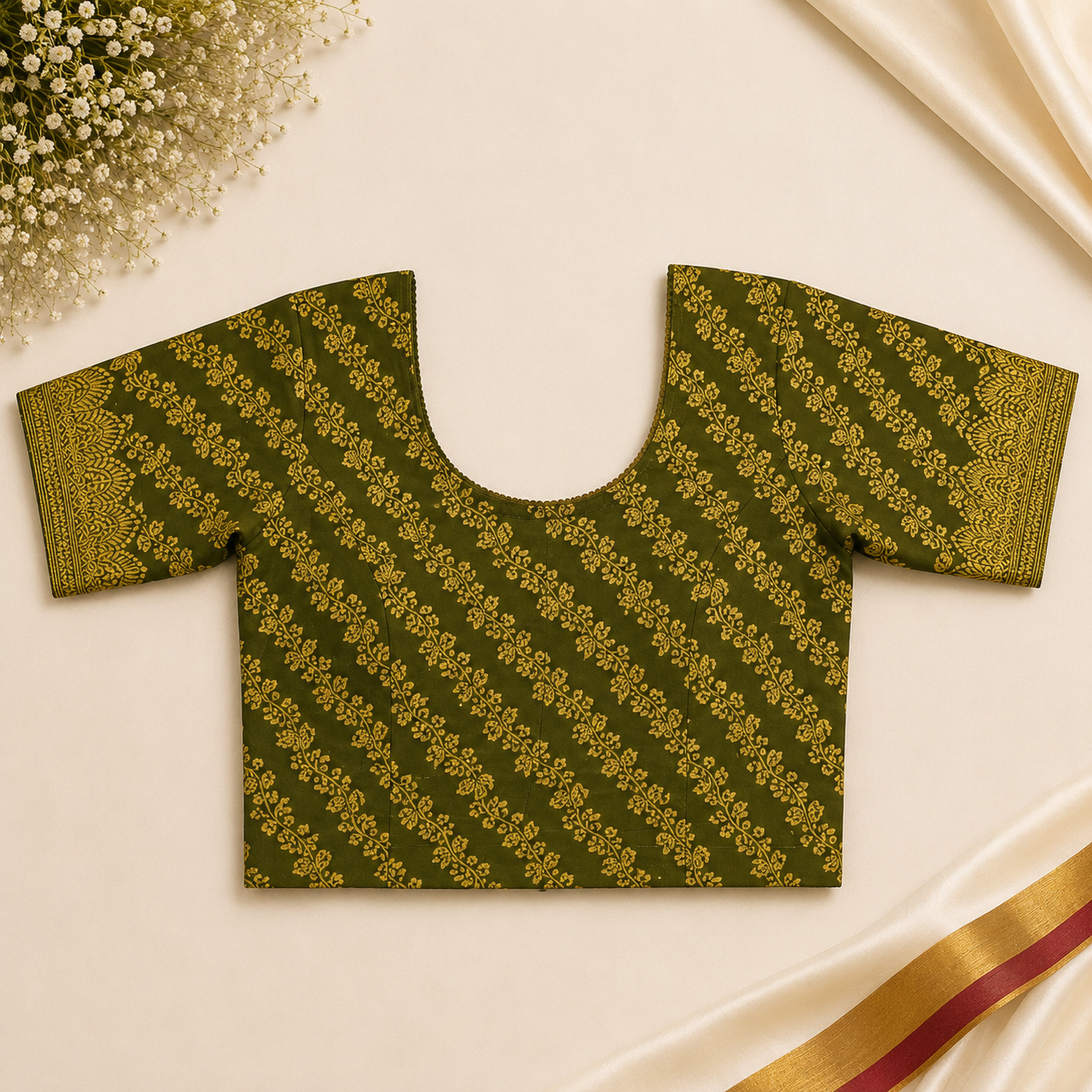 Olive Green Gold Vine Stretchable Blouse