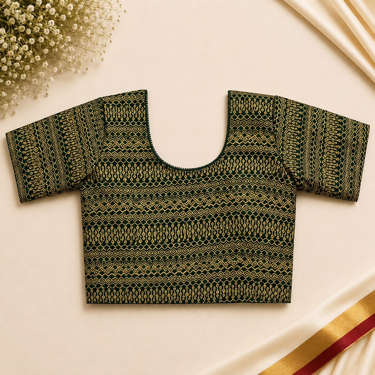 Dark Green & Gold Geometric Stretchable Blouse