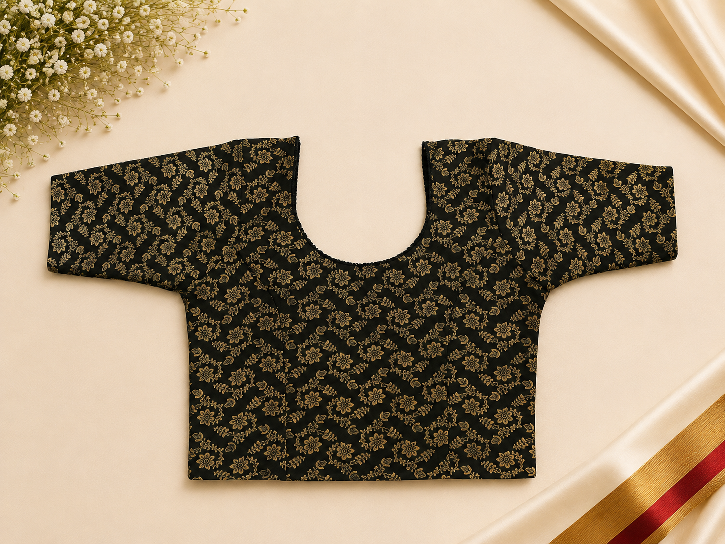 Black & Gold Floral Stretchable Blouse