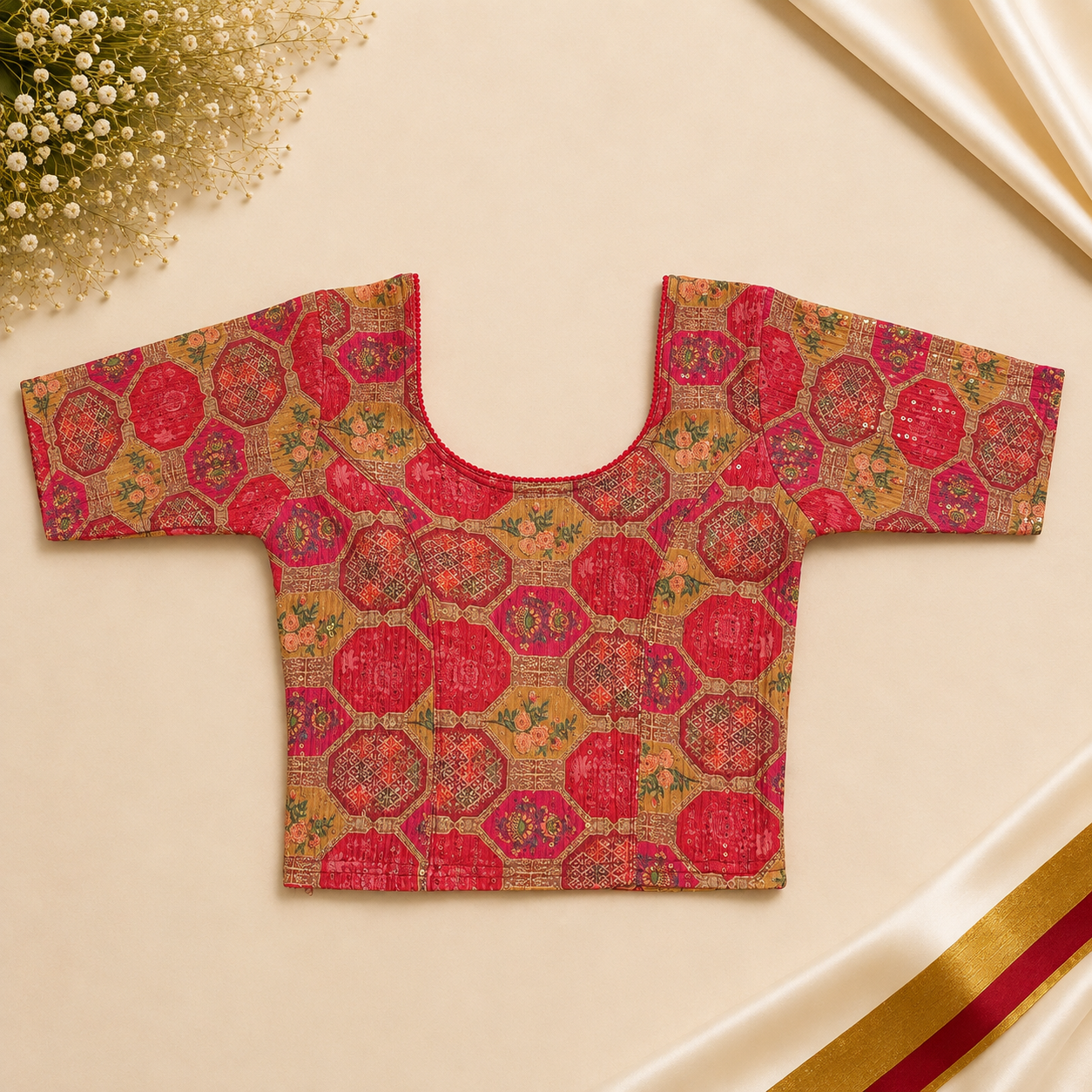 Pink Multicolour Patchwork Stretchable Blouse