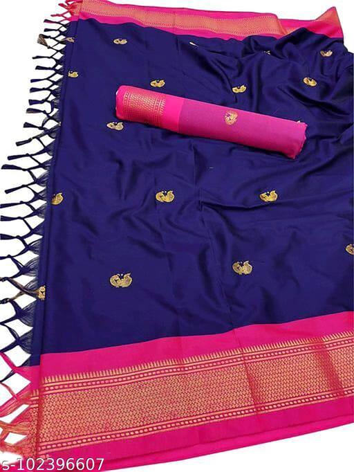 Yeola Traditional Paithani Silk Sarees With Contrast Blouse Piece ( Navy & Pink ) - amamestyle