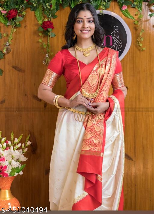 Get This Ravishing Garad Kanjivaram Silk Sarees With Zari Woven Red Pallu and Separate Blouse Piece  / Garad Silk Sarees/ Garod Silk Sarees/ Kanjivaram Silk Sarees/ Special Traditional Pujo Bengali Saree - amamestyle