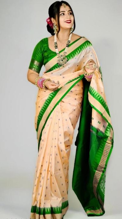 Sambhalpuri Papa Silk Buti Sarees With Grand Rich Resham Woven Green Contrast Pallu and Blouse Piece 
