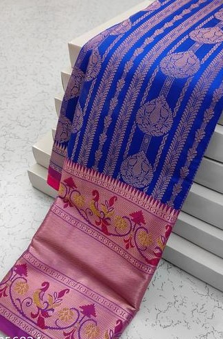 3D Embossed Bridal Pick & Pick Brocade Pattu Silk Saree With Contrast Antique Zari Woven Pallu