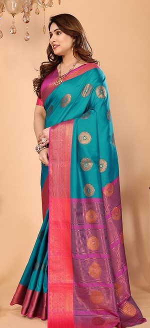 Women's Woven Design Banarasi Art Silk Saree With Zari Woven Border And Unstiched Blouse Pice (Rama) |