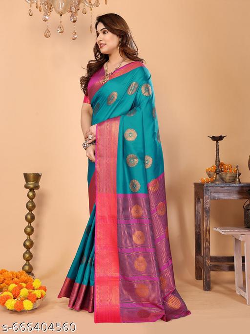 Women's Woven Design Banarasi Art Silk Saree With Zari Woven Border And Unstiched Blouse Pice (Rama) | - amamestyle
