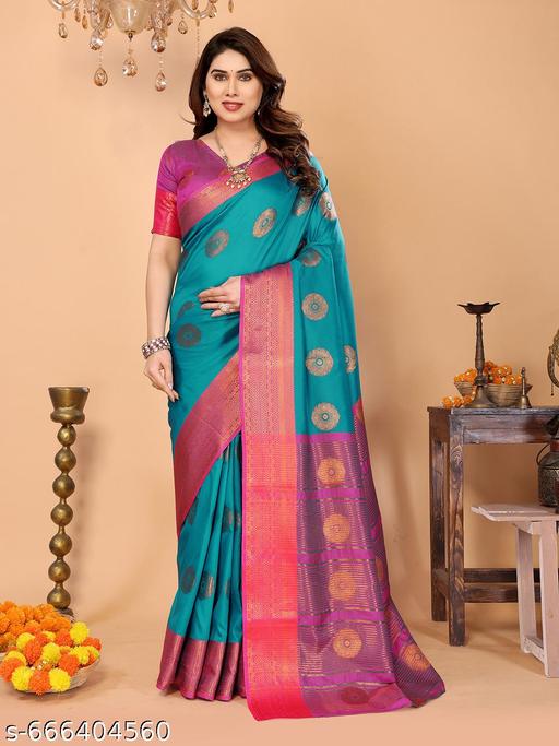 Women's Woven Design Banarasi Art Silk Saree With Zari Woven Border And Unstiched Blouse Pice (Rama) | - amamestyle