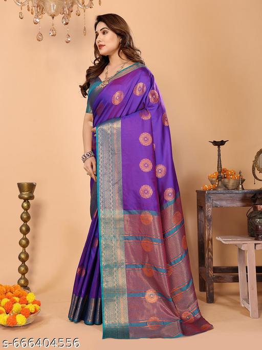 Women's Woven Design Banarasi Art Silk Saree With Zari Woven Border And Unstiched Blouse Pice (Purple) | - amamestyle