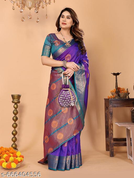 Women's Woven Design Banarasi Art Silk Saree With Zari Woven Border And Unstiched Blouse Pice (Purple) | - amamestyle
