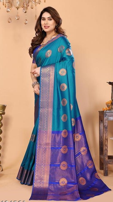 Women's Woven Design Banarasi Art Silk Saree With Zari Woven Border And Unstiched Blouse Pice (Turquois Blue) |