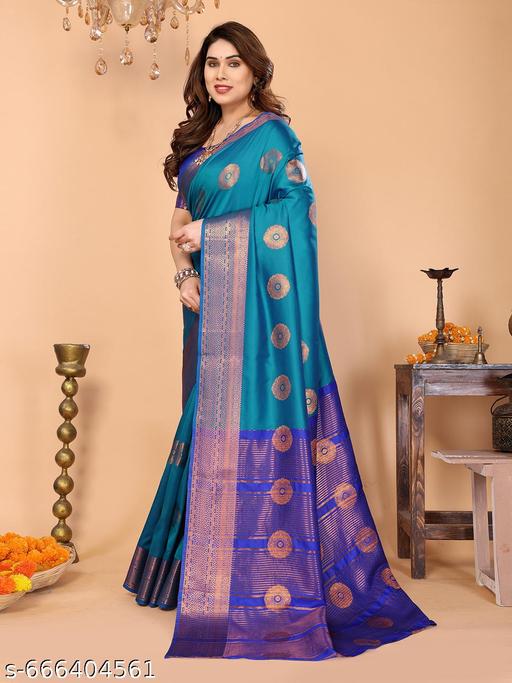 Women's Woven Design Banarasi Art Silk Saree With Zari Woven Border And Unstiched Blouse Pice (Turquois Blue) | - amamestyle