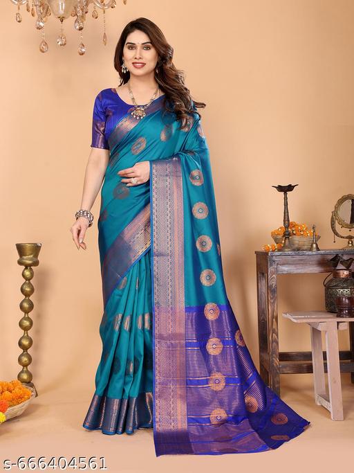 Women's Woven Design Banarasi Art Silk Saree With Zari Woven Border And Unstiched Blouse Pice (Turquois Blue) | - amamestyle