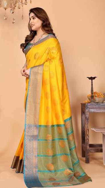 Women's Woven Design Banarasi Art Silk Saree With Zari Woven Border And Unstiched Blouse Pice (Yellow) |