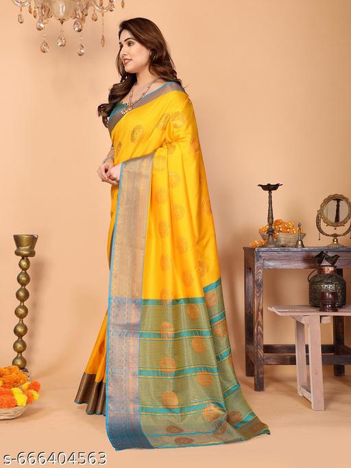 Women's Woven Design Banarasi Art Silk Saree With Zari Woven Border And Unstiched Blouse Pice (Yellow) | - amamestyle