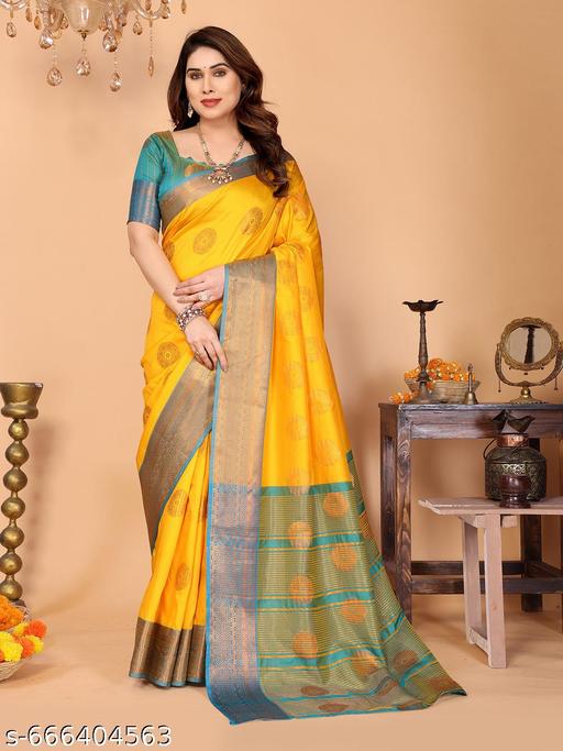 Women's Woven Design Banarasi Art Silk Saree With Zari Woven Border And Unstiched Blouse Pice (Yellow) | - amamestyle