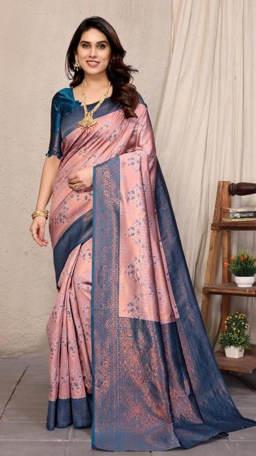 Pure Soft Silk Lightweight Banarasi ( Peach,Rama ) Wedding Bridal Wear Designer Ethnic Saree Available At Low Prices