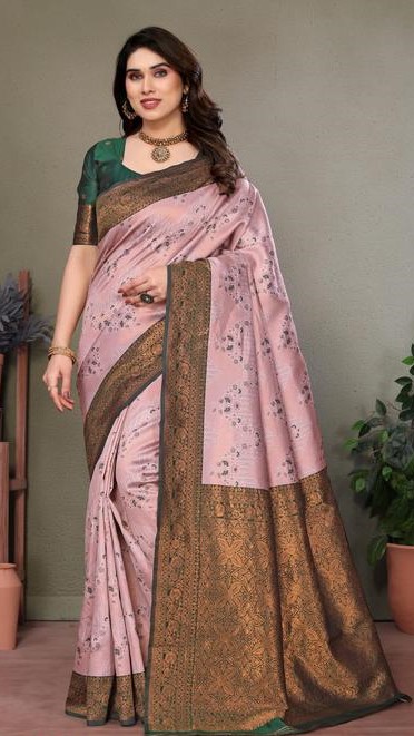Pure Soft Silk Lightweight Banarasi ( Peach,Green ) Wedding Bridal Wear Designer Ethnic Saree Available At Low Prices