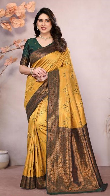 Pure Soft Silk Lightweight Banarasi ( Mustard ) Wedding Bridal Wear Designer Ethnic Saree Available At Low Prices